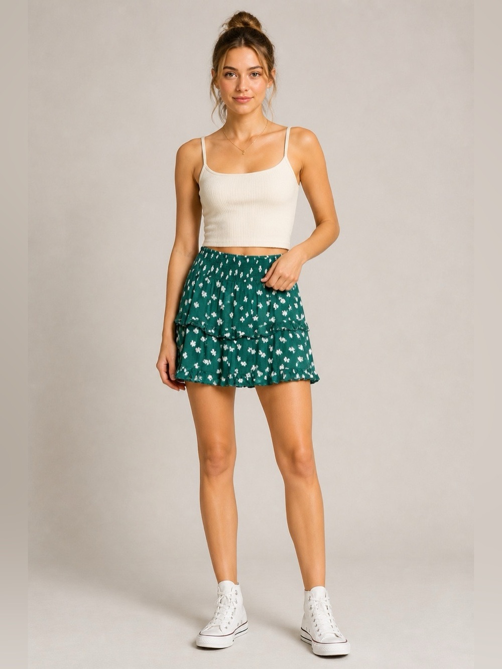 L.A. Hearts Floral Green Tiered Mini Skirt Juniors Large Smocked Waist Dainty